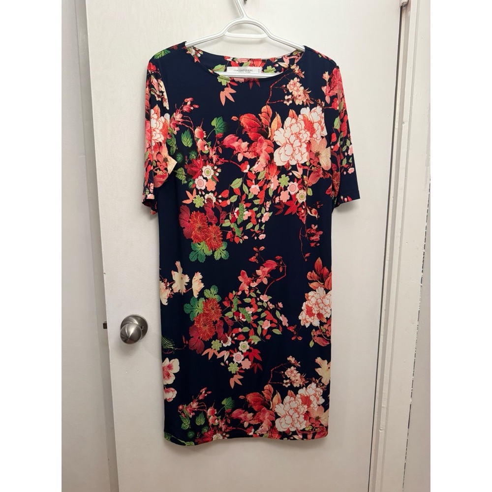 Simons Navy Dress with Red and Green Floral Design
